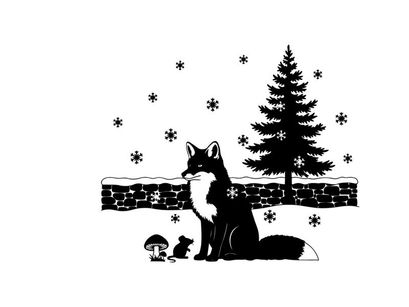 A fox and a mouse in a snowy silhouette landscape with pine tree