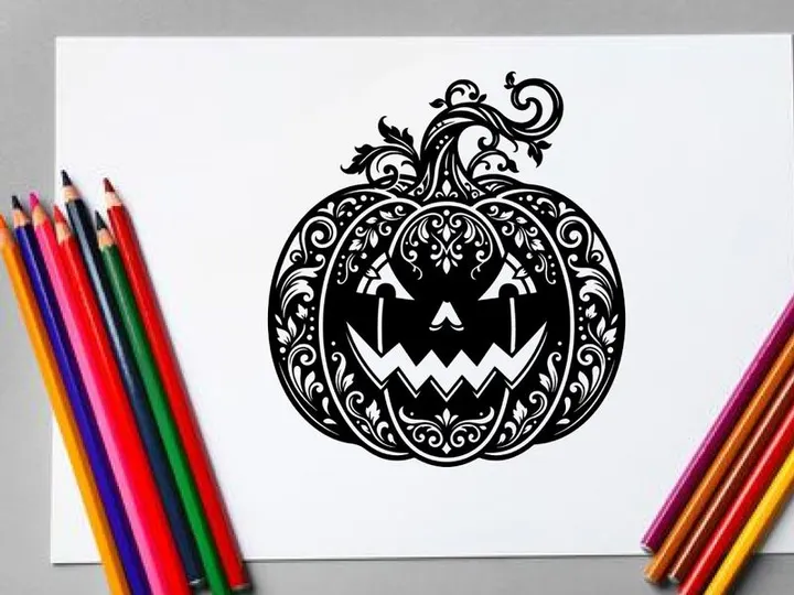 Halloween pumpkin with carved smiling face and intricate design
