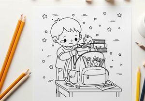 cute boy eating apple with books vector illustration