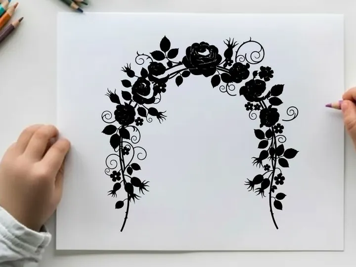 Silhouette floral arch with roses and leaves border