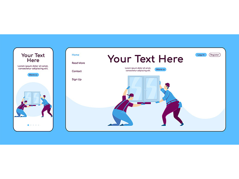 Window installation adaptive landing page flat color vector template