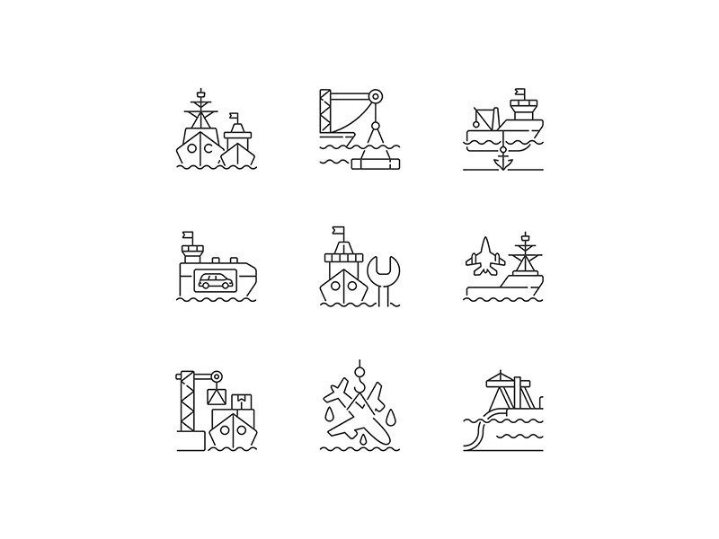 Shipping industry linear icons set