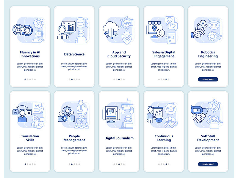 Tech skills and courses light blue onboarding mobile app screen set