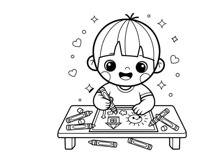 Cute child drawing with crayons vector illustration flat design