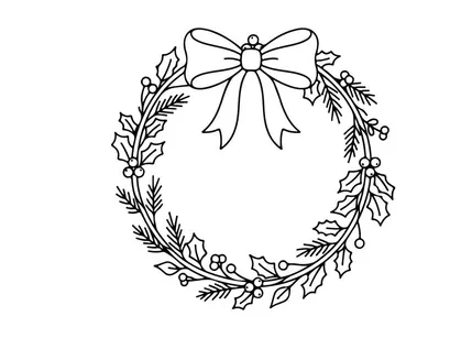 Christmas wreath line art illustration with holly leaves and a decorative bow