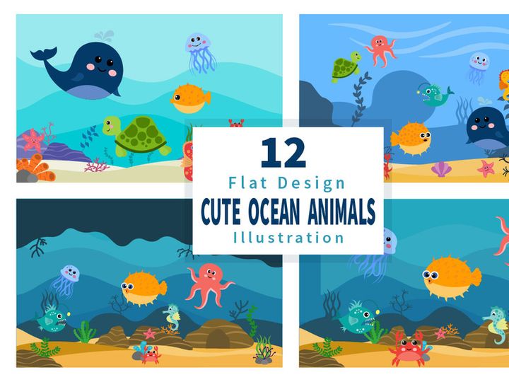 12 Cute Ocean Animals Underwater Background Flat Design