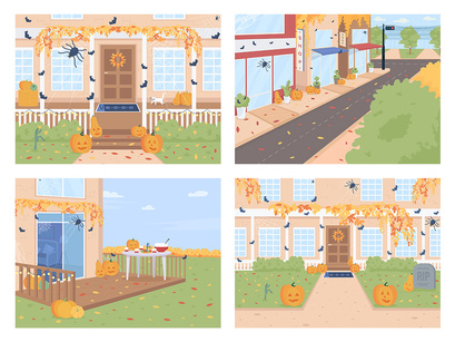Outdoor Halloween decorations flat color vector illustration set