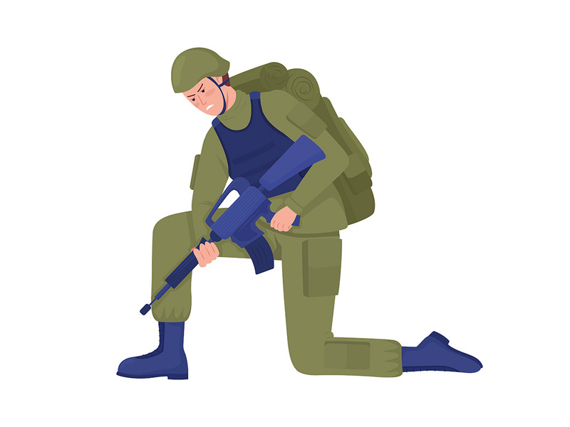 Army soldier with rifle looking for trace flat color vector character