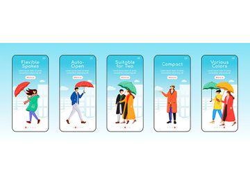 Umbrellas onboarding mobile app screen flat vector template preview picture