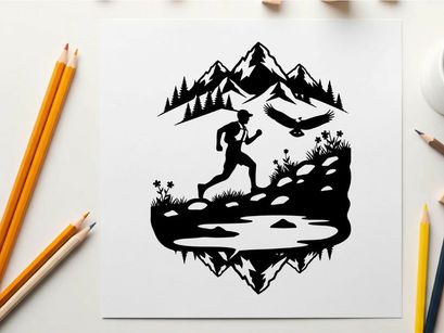 Silhouette of a person running in a mountainous landscape silhouette