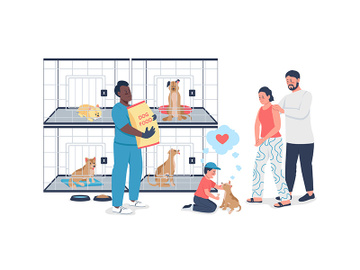 Family adopting dog from rescue shelter flat color vector detailed character preview picture