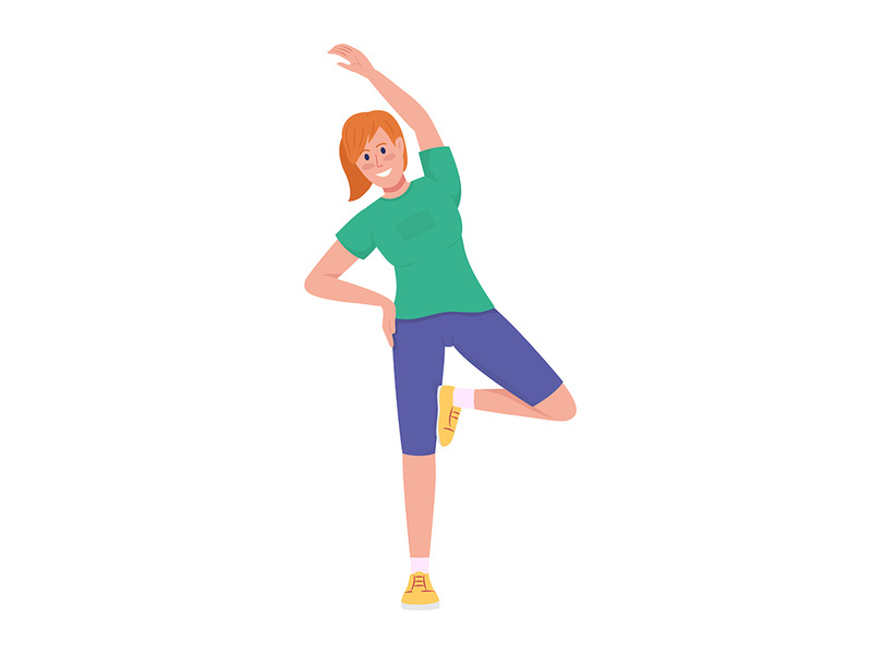Happy girl stretching semi flat color vector character