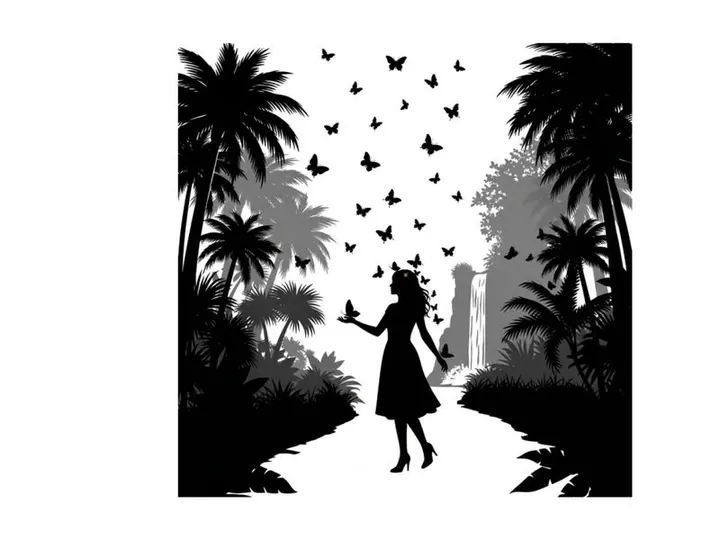 Silhouette of a woman releasing butterflies in a tropical paradise