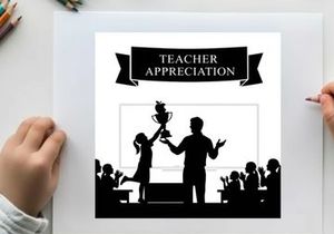 Teacher appreciation silhouette graphic with students and trophy
