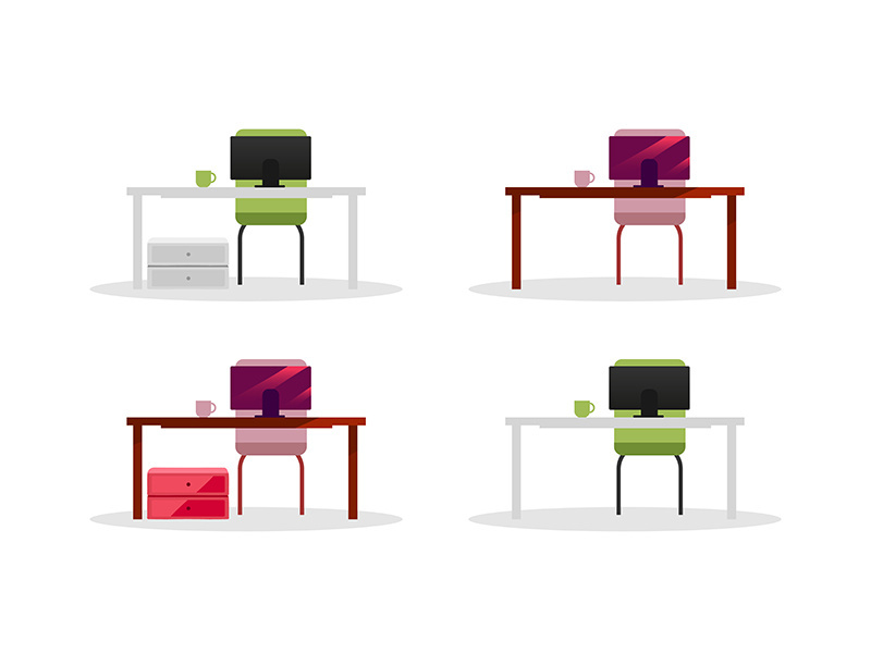 Office tables with computers flat color vector objects set