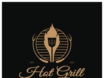 Simple Barbecue Vintage hot grill, with crossed flames and spatula. Logo for restaurant, badge, cafe and bar.vector preview picture