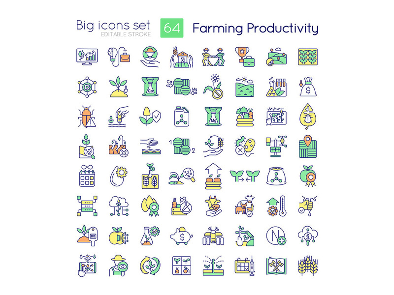 Farming productivity RGB color icons set