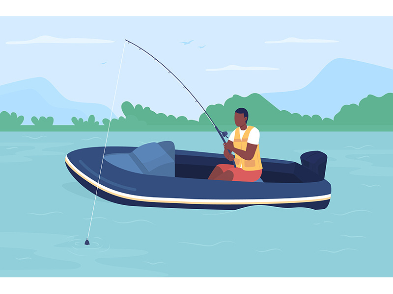 Fisherman in boat flat color vector illustration