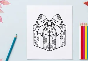 Christmas gift box with snowflake pattern and large bow, black and white line art drawing.