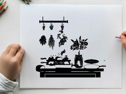 Silhouette of kitchen counter with food and herbs