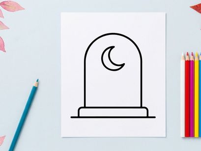 Crescent moon on gravestone icon for Halloween. Spooky night sky symbol of horror and gothic themes.