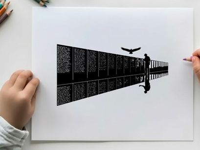 Silhouette of a man walking along a reflective metal fence with a bird flying