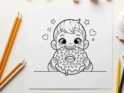 Cute baby eating donut with hearts vector illustration