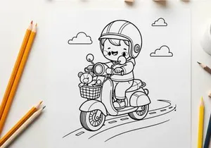 Cute child riding scooter with teddy vector illustration