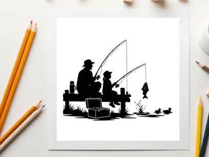 Silhouette of a man and boy fishing together on a pier
