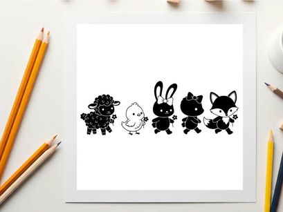 Cute animal silhouettes and outlines in a row silhouette