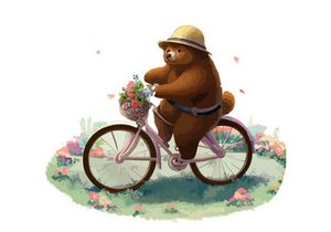 Bear riding a bike in floral countryside road, isolated in white background.