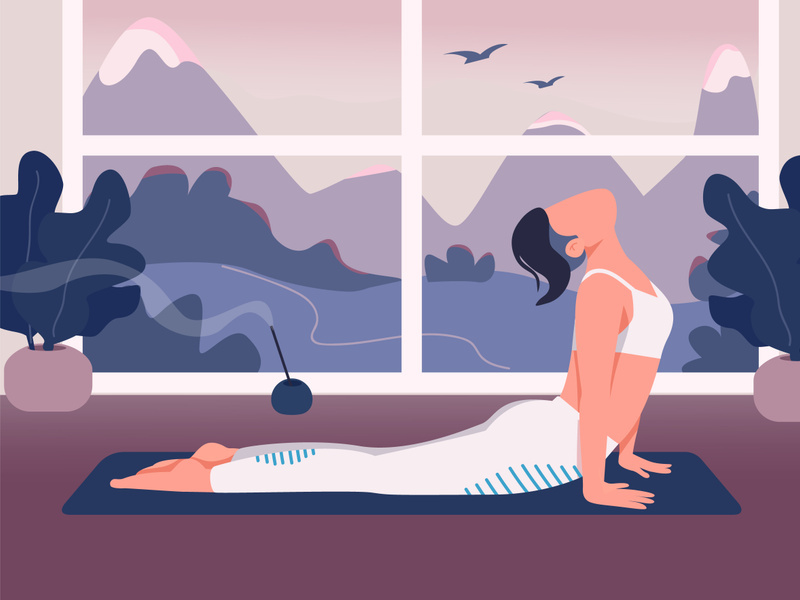 Yoga at home flat color vector illustration