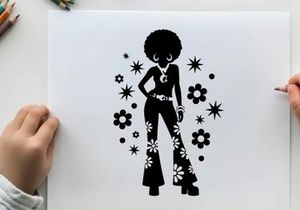 Groovy 1960s style silhouette of a woman with flowers