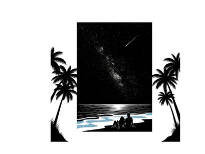 Silhouette of a person on a beach at night with palm trees and milky way