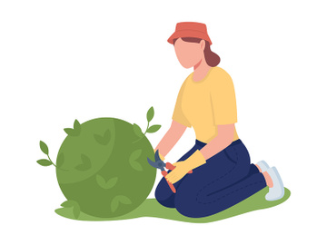 Woman pruning bush in garden semi flat color vector character preview picture
