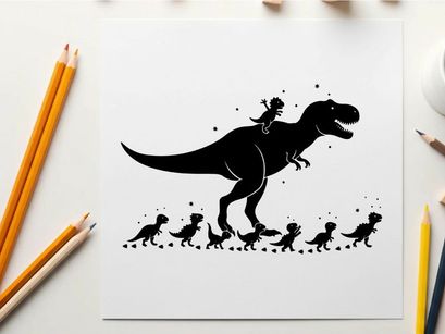 Silhouette of a t rex and its babies in a fun scene