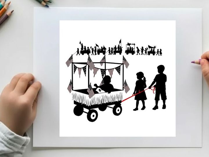 Children's silhouette illustration of kids pulling wagon with silhouette people