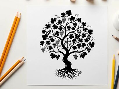 Silhouette of a tree with grapes and a cross silhouette