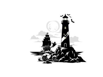 Silhouette of a lighthouse on a rocky coast with a ship preview picture