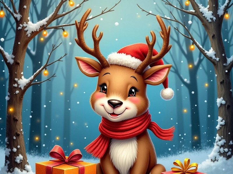A festive cartoon reindeer sits amid gifts in a snowy scene