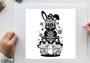 Peaceful silhouette bunny meditates in flower power headband silhouette