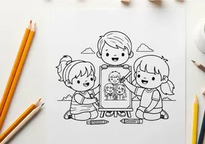 Children sharing family photo album vector illustration flat design