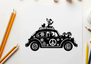 Silhouette of a decorated vw van with cartoon characters