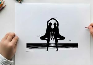 Silhouette of two people in yoga pose at sunset