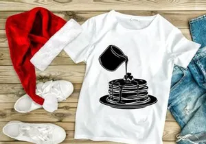 Black syrup pouring on golden pancake stack isolated illustration
