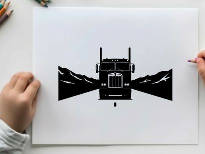 Semi truck silhouette facing forward on open road with mountains