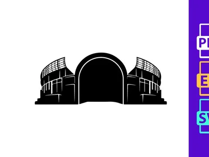 A black and white illustration of a large building with an arched entrance