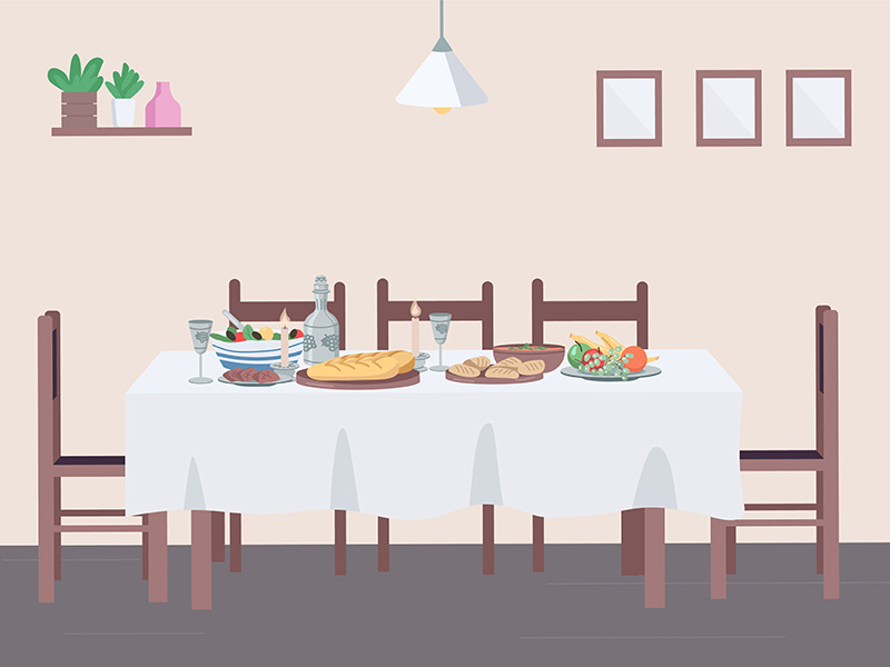 Traditional dinner at home flat color vector illustration