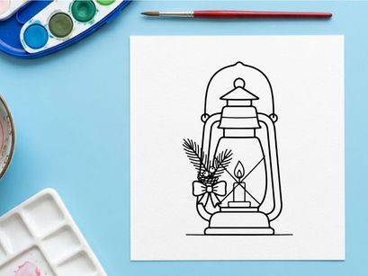 Ilustrasi seni garis lentera Natal dengan cabang-cabang pinus dan hiasan pita meriah