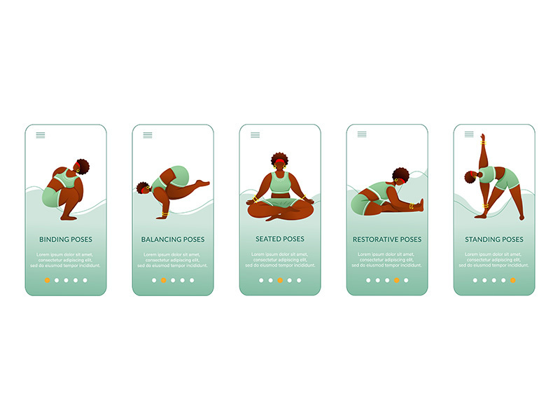 Yoga standing and seated poses onboarding mobile app screen vector template